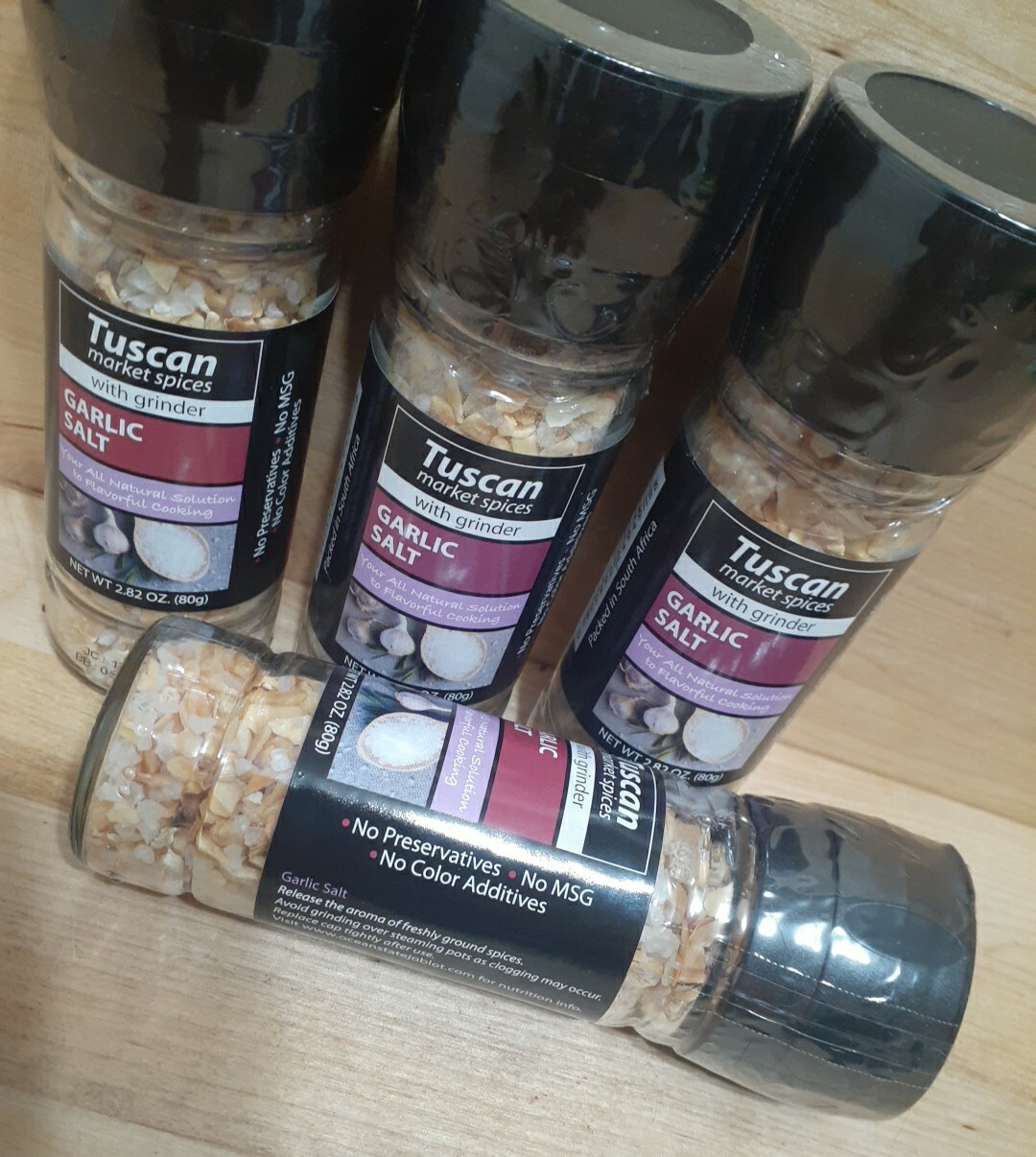 3CT: TUSCAN Garlic COARSE Sea Salt w/GRINDER ALL NATURAL NO: MSG/COLOR/PRESERV.