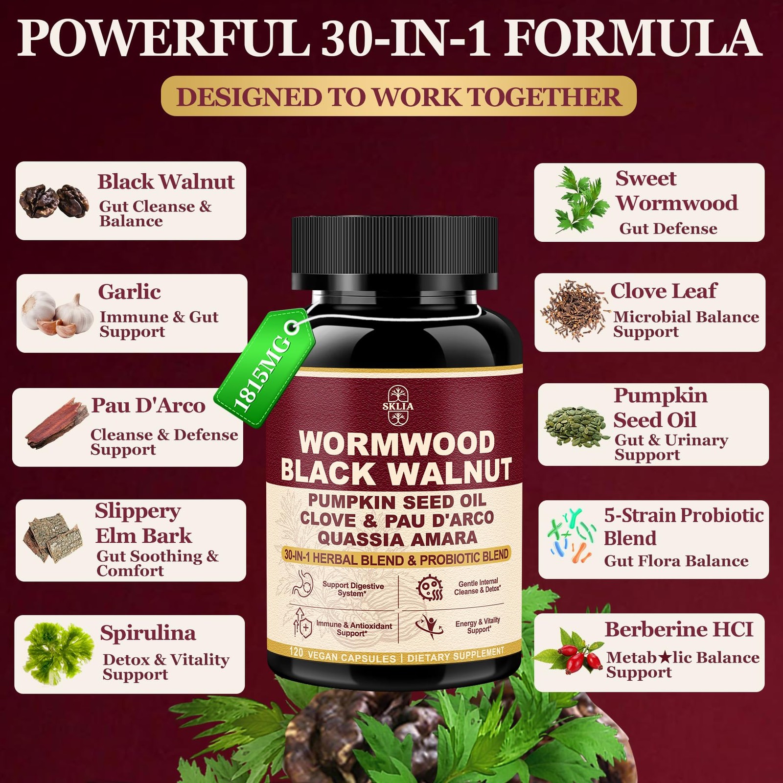 30-in-1 Liposomal Wormwood Black Walnut Clove Cleanse 120 Count (Pack of 1)