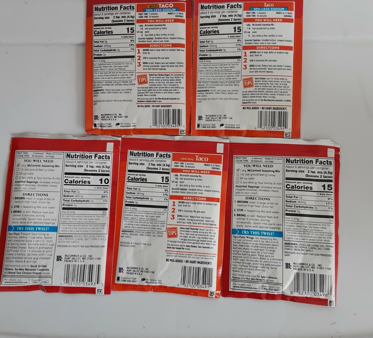 5McCormick TacoSeasoning,MildTaco,Original TacoHot Taco,30%less sodium Exp2/2026
