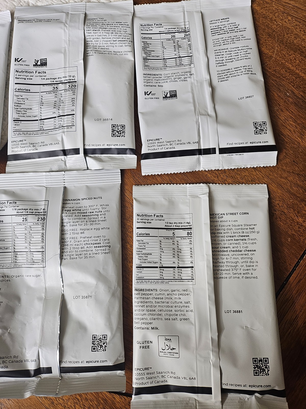Epicure Lot Of 6 Meal Solutions & Spiced Nuts Gluten Free Non GMO Chicken Corn