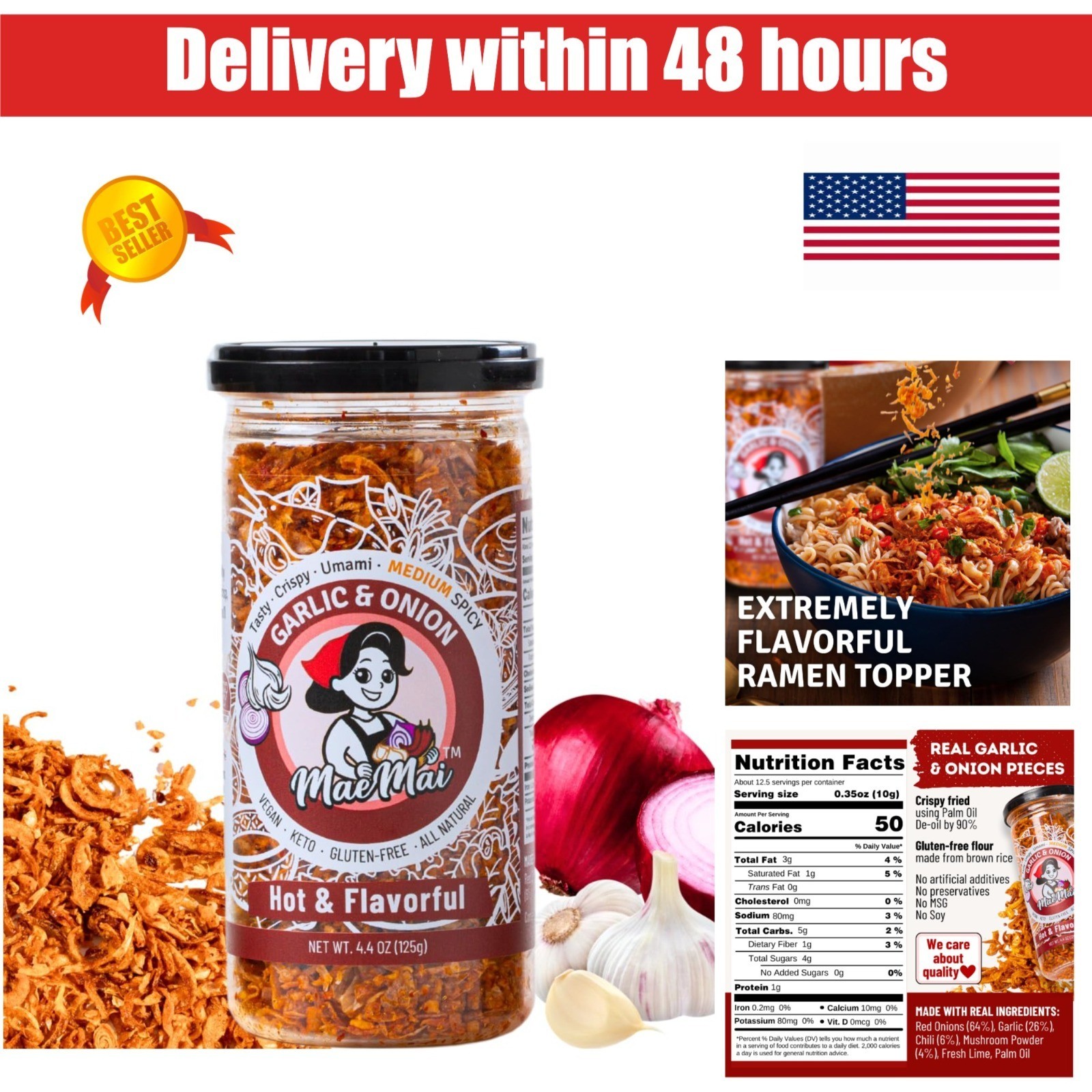 MaeMai Crispy Onion Garlic Flakes – Medium Hot Chili Topping 5.47 oz