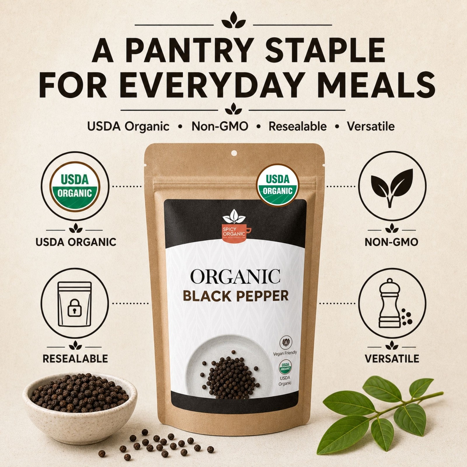 Organic Black Peppercorns — USDA Certified, Non-GMO | Grinding, Marinades &
