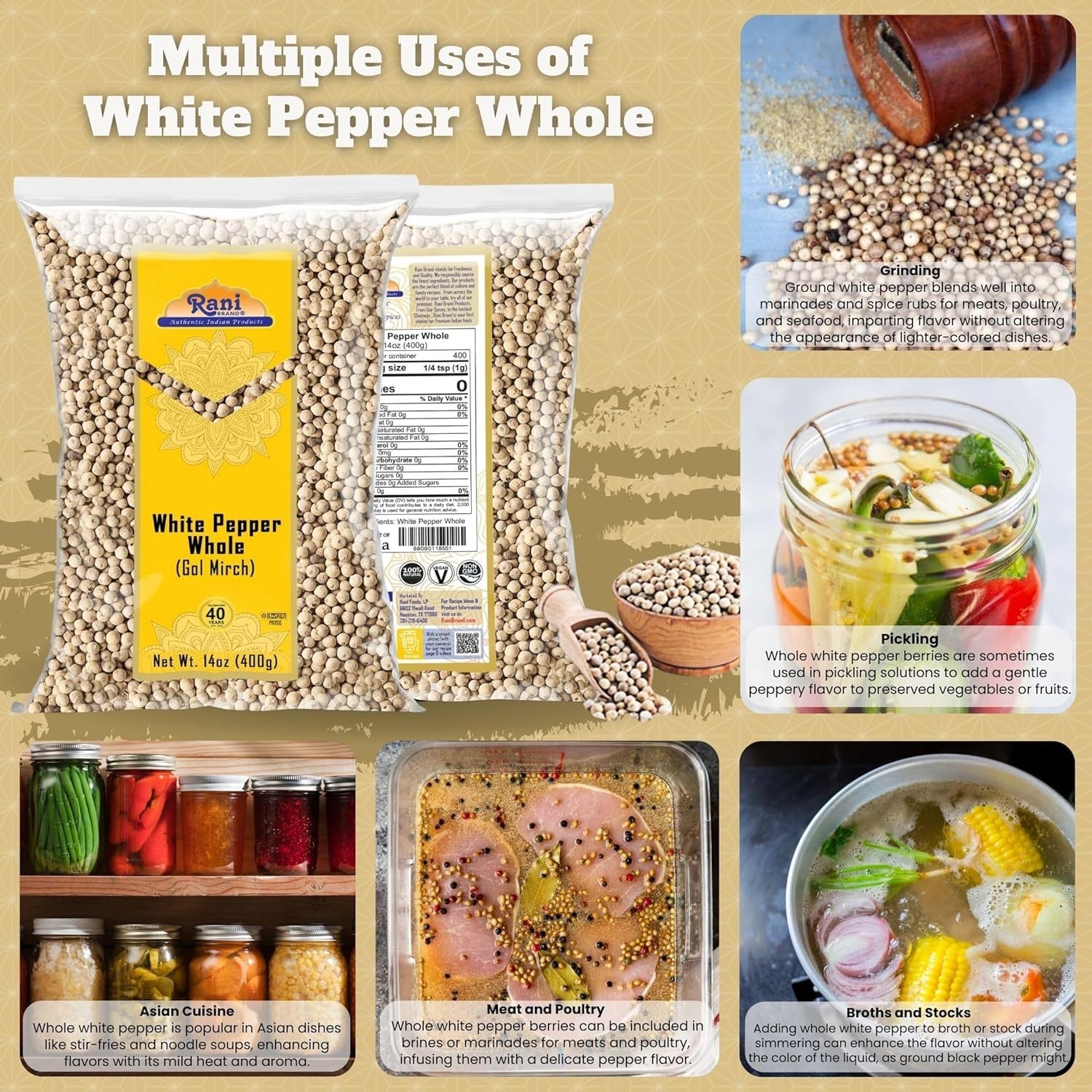 Rani White Pepper Whole (Peppercorns), Premium Indian 14oz (400g) | BB 12/2026