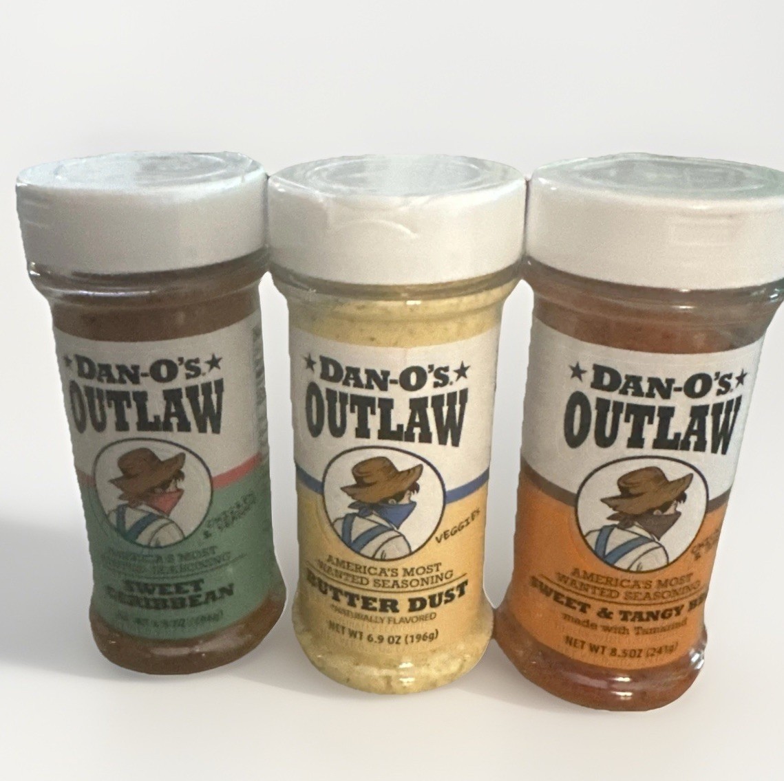 Dan-O’s Outlaw Seasoning 3-Pack – Butter Dust, Sweet Caribbean, Sweet Tangy Bbq