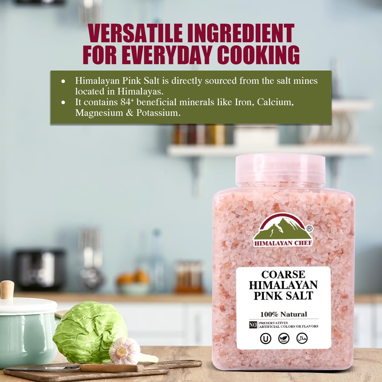 Himalayan Chef Pink Himalayan Salt Coarse Grain, Plastic Jar – 5 lbs. For Refill