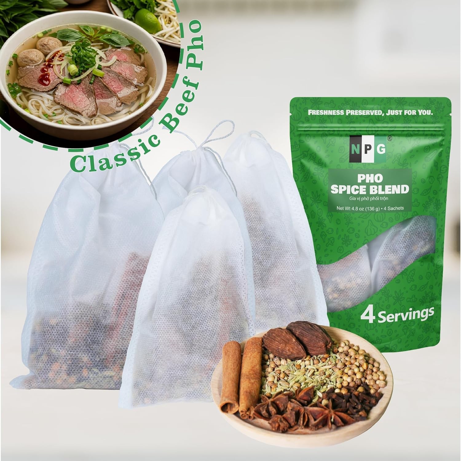 Pho Spice Blend 4.8 oz Total (4 sachets), Gia Vi Pho Bac Vietnamese Noodle Soup