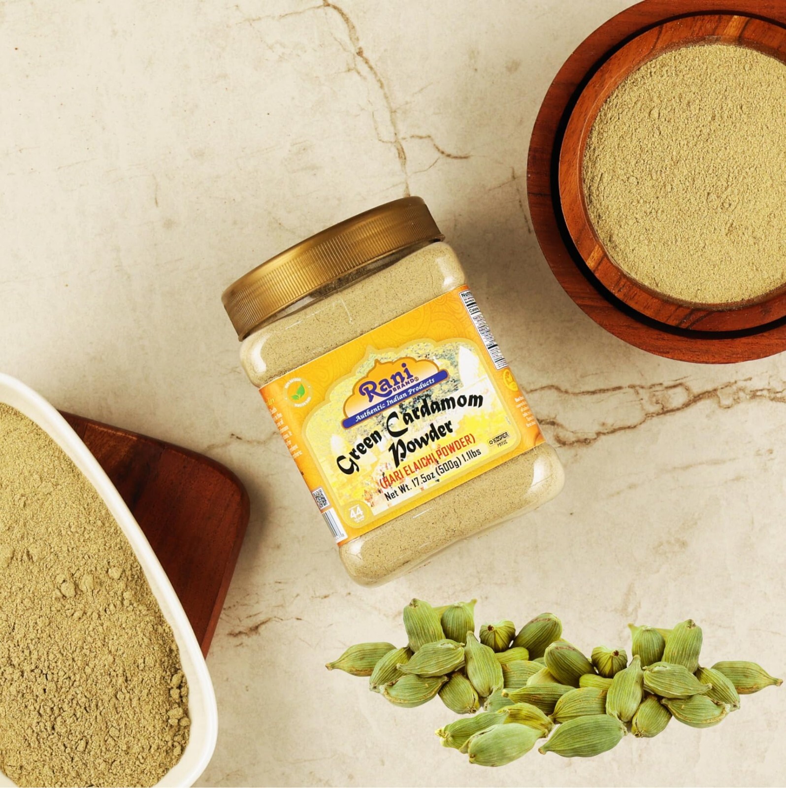 Rani Green Cardamom Pods Powder, Ground with Green Husks (Hari Elachi) 17.5oz