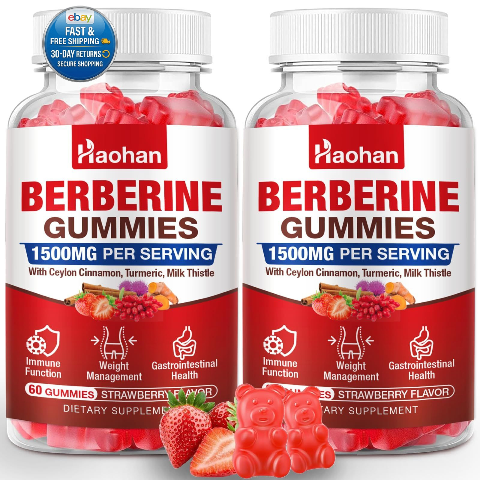 Berberine Gummies, 1500mg High Potency HCl, Ceylon…