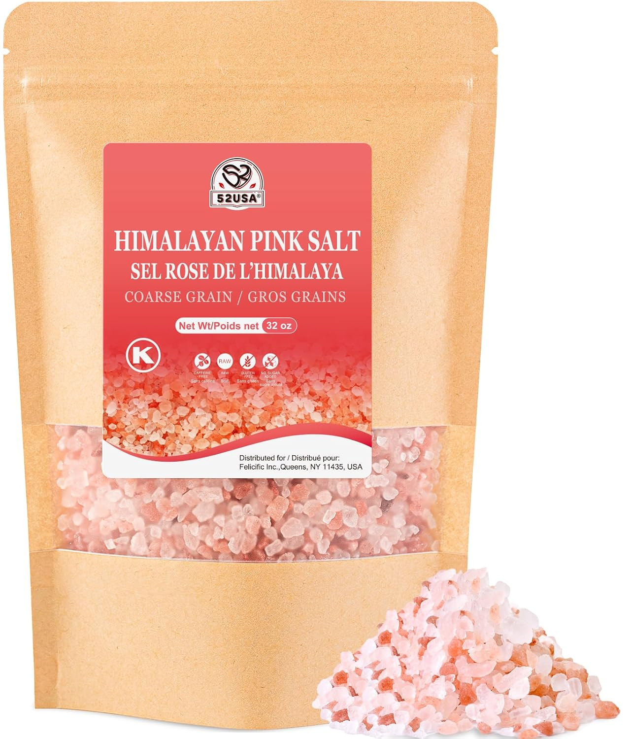 52USA Himalayan Pink Salt Coarse, Pink Himalayan Sea Salt, Coarse Grain 2 Lb, Hi