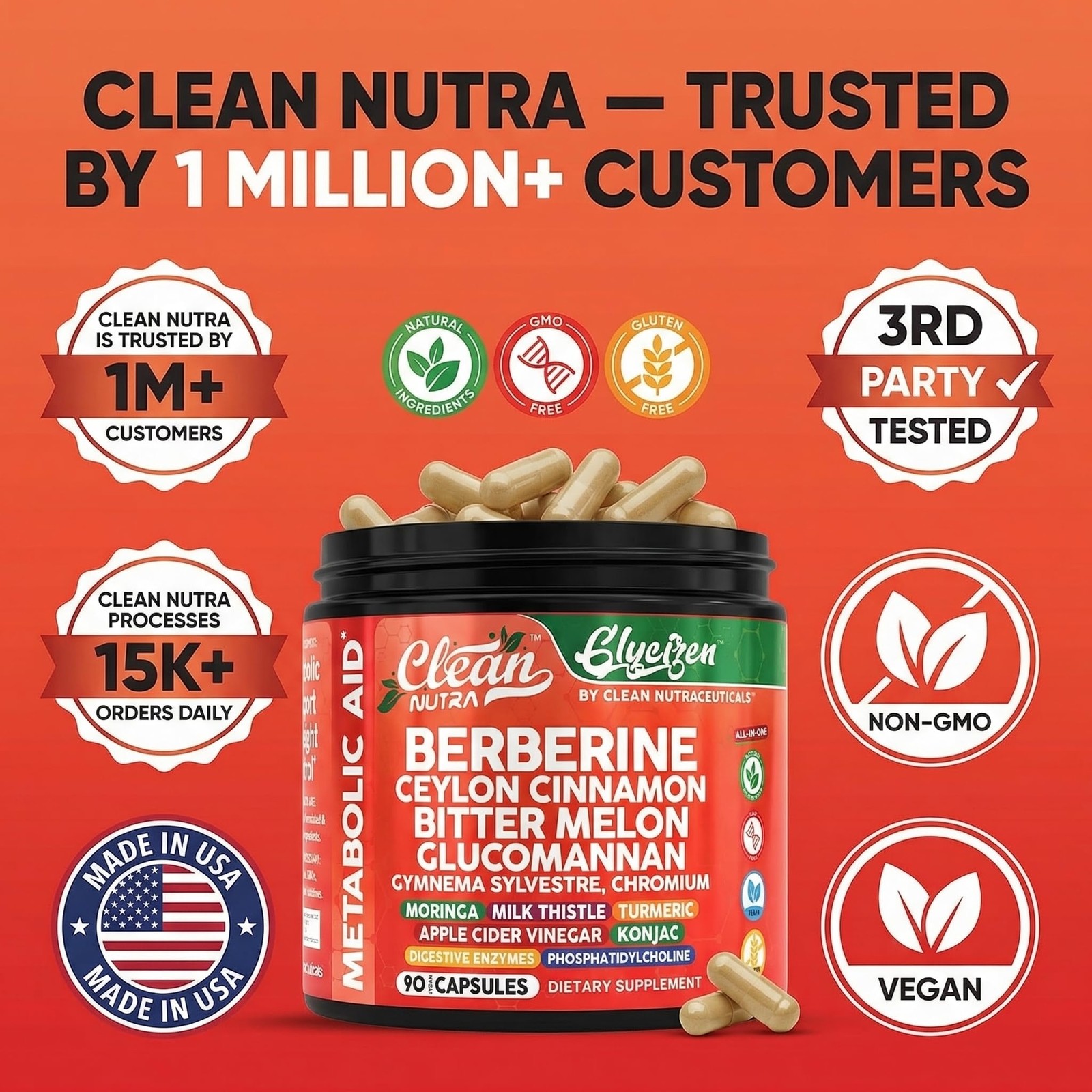 Clean Nutra Berberine and Ceylon Cinnamon Supplement 90 Count (Pack of 1)