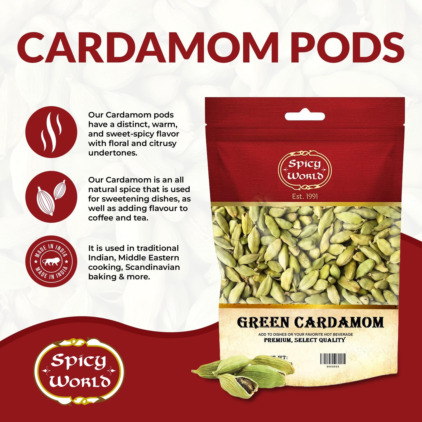 Spicy World Green Cardamom Pods 3.5 Oz – As Seen Ounce (Pack of 1),