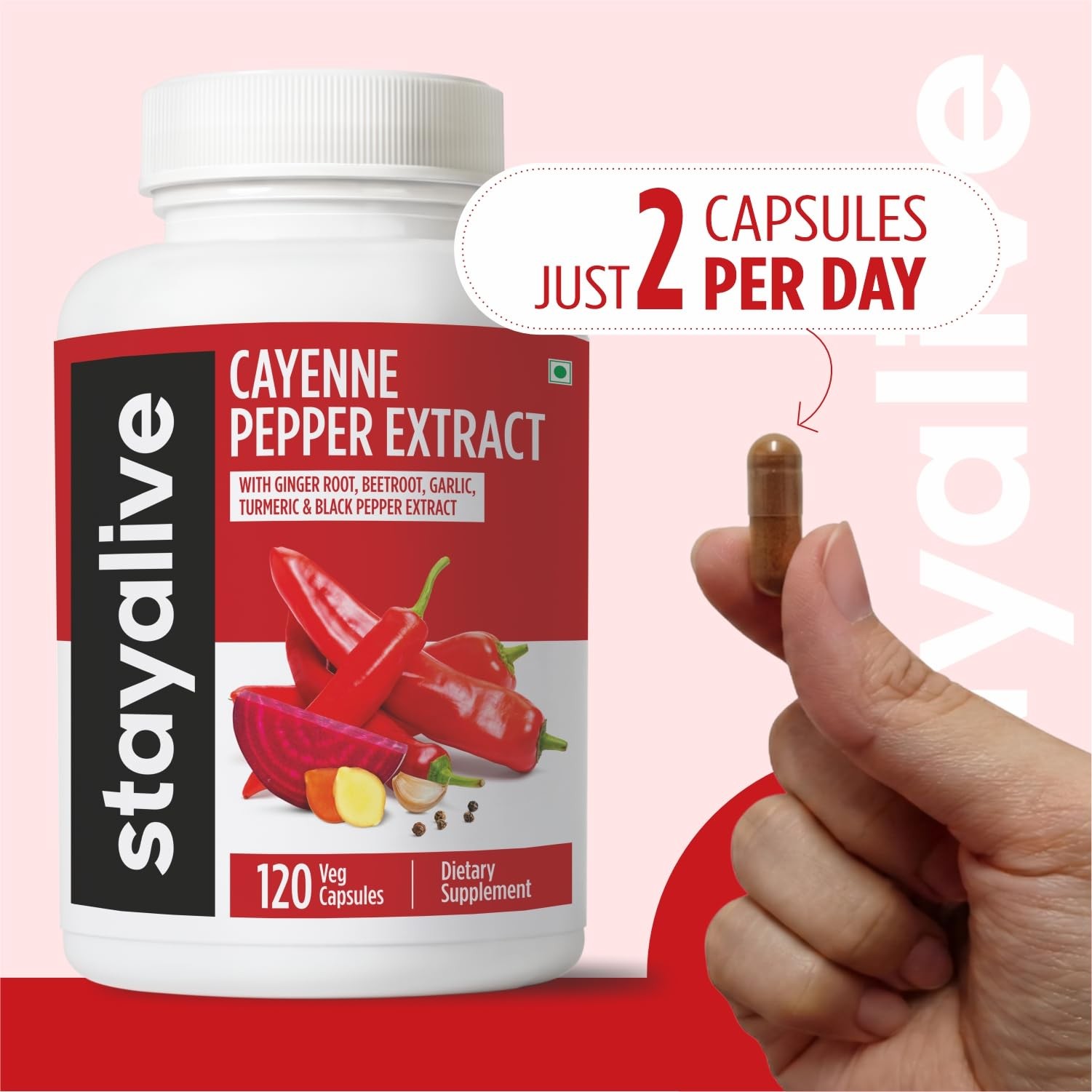 STAY ALIVE Cayenne Pepper Capsules, 6-in-1 Capsicum 120 Count (Pack of 1)
