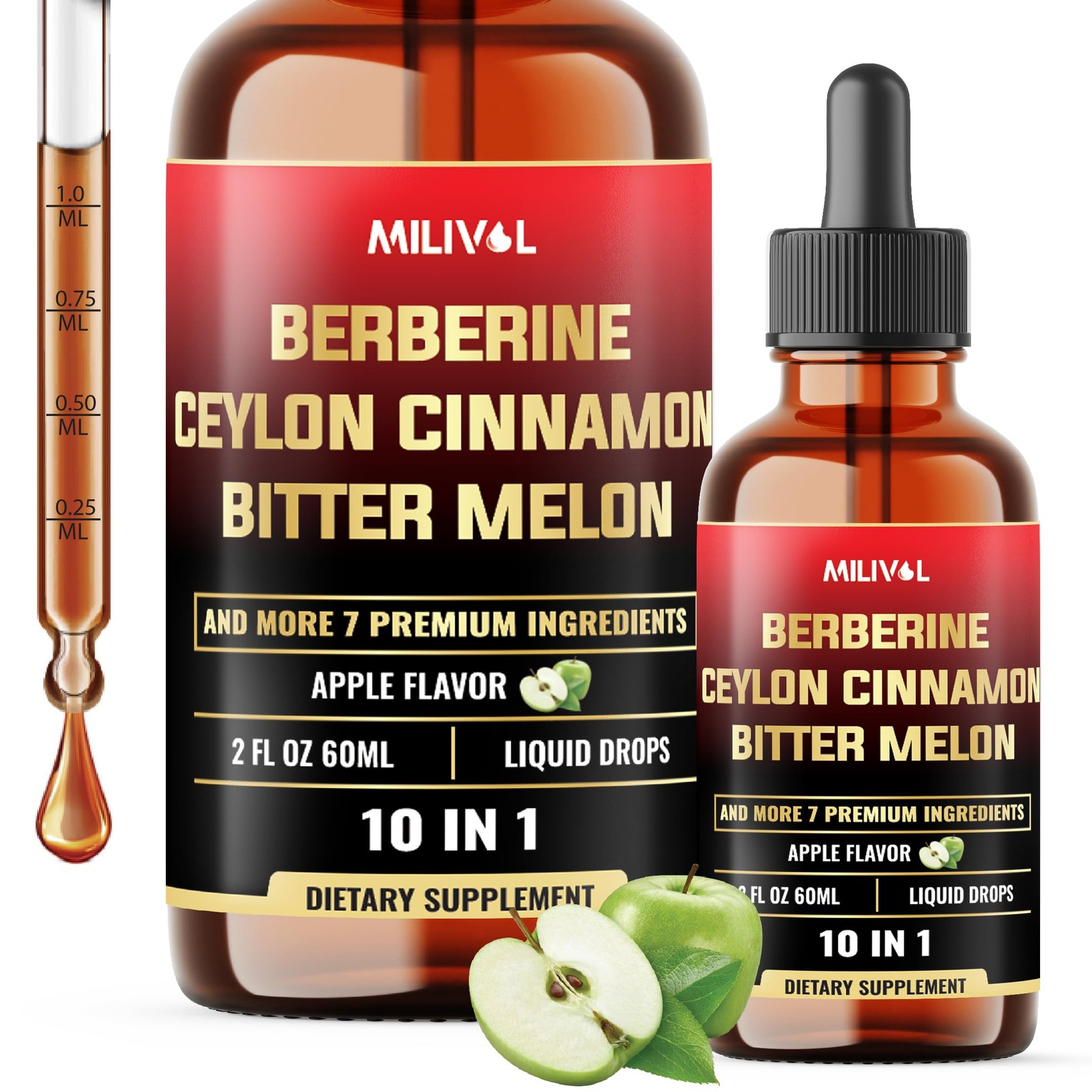 MILIVOL 10in1 Liquid Drops Berberine with Ceylon Cinnamon 2 Fl Oz (Pack of 1)