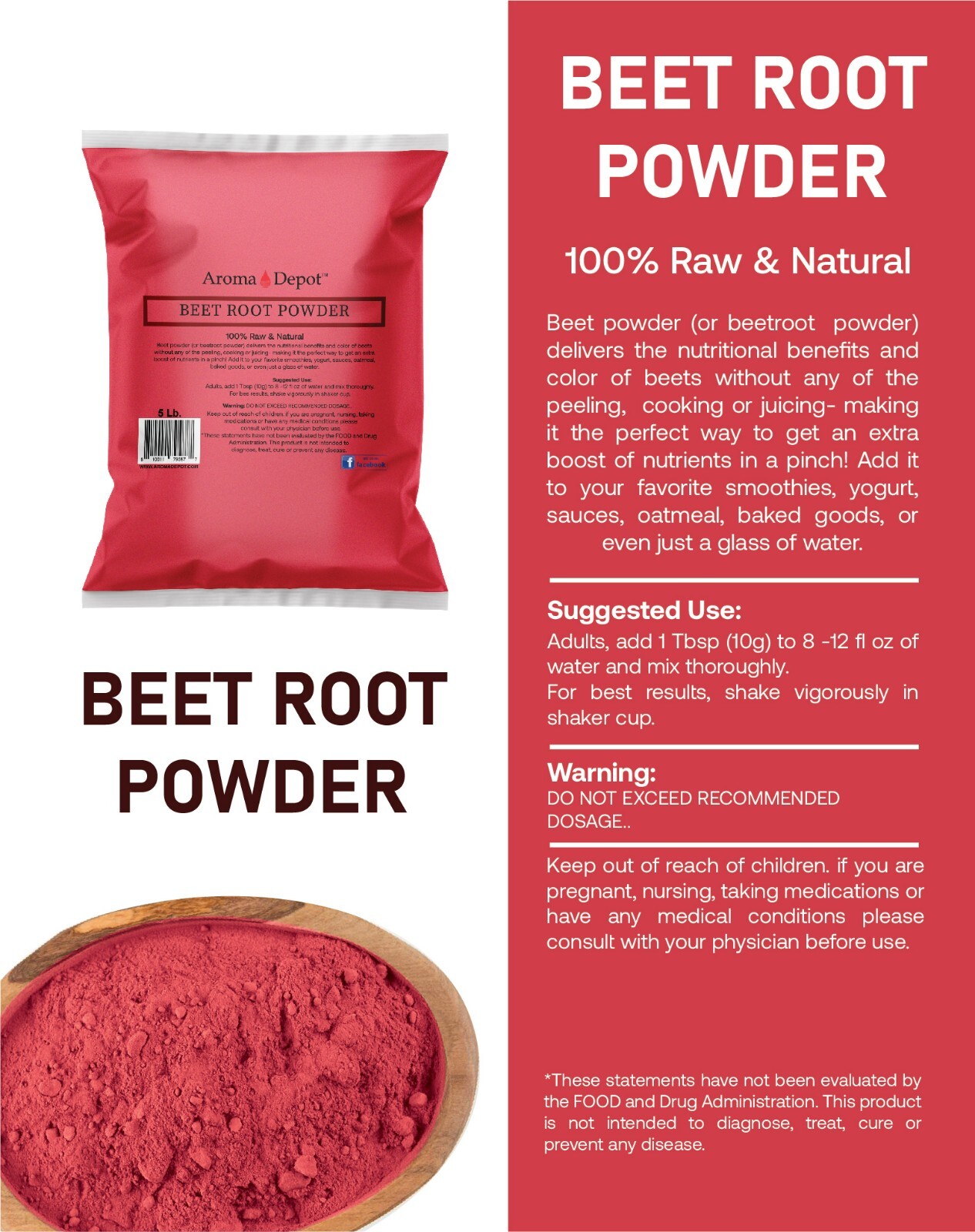 Beet Root Powder (Beta vulgaris) Raw & Non-GMO Superfood Vegan 100% Natural