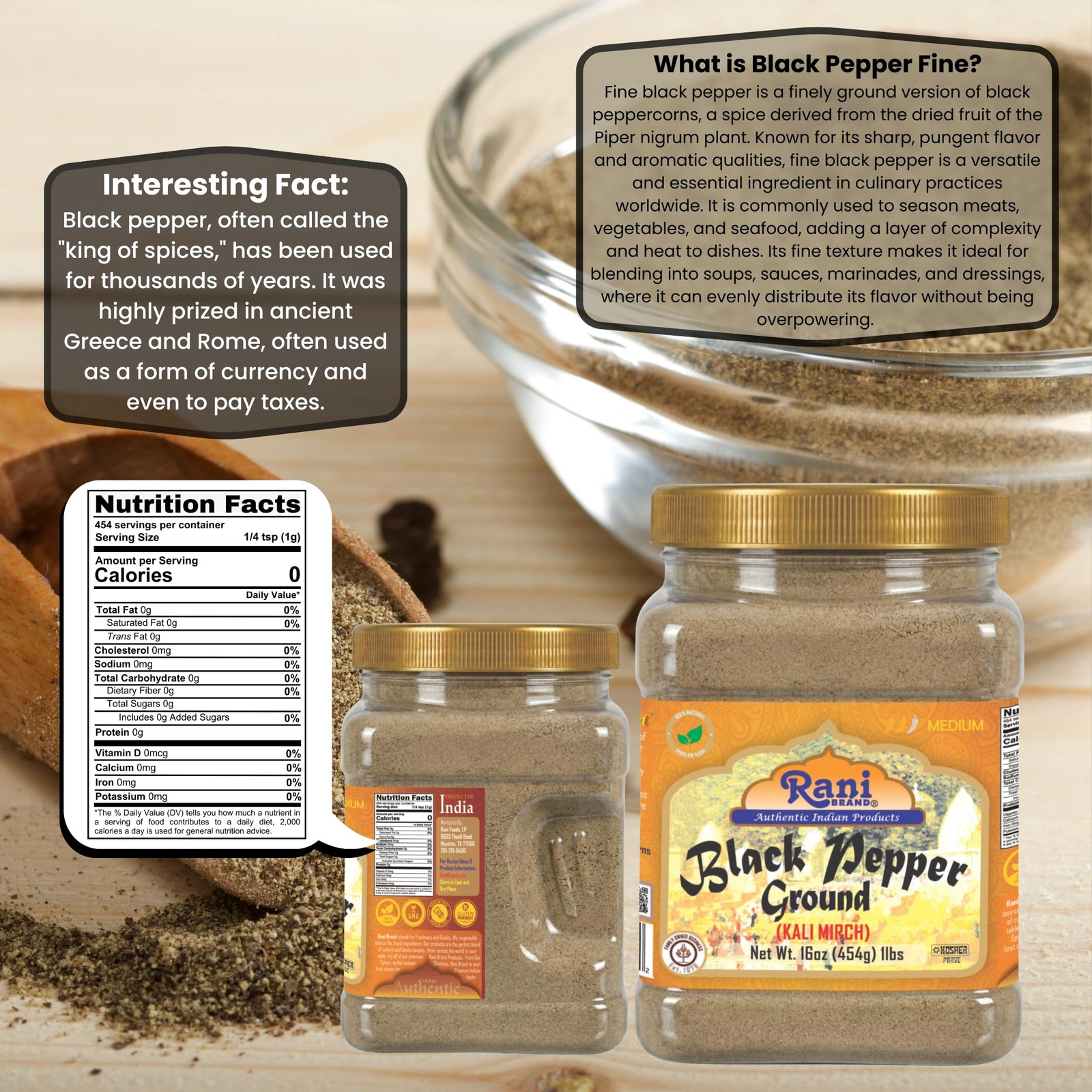 Rani Black Pepper Fine Powder 80 Mesh, Premium Indian 16oz (1lb) 454g PET Jar