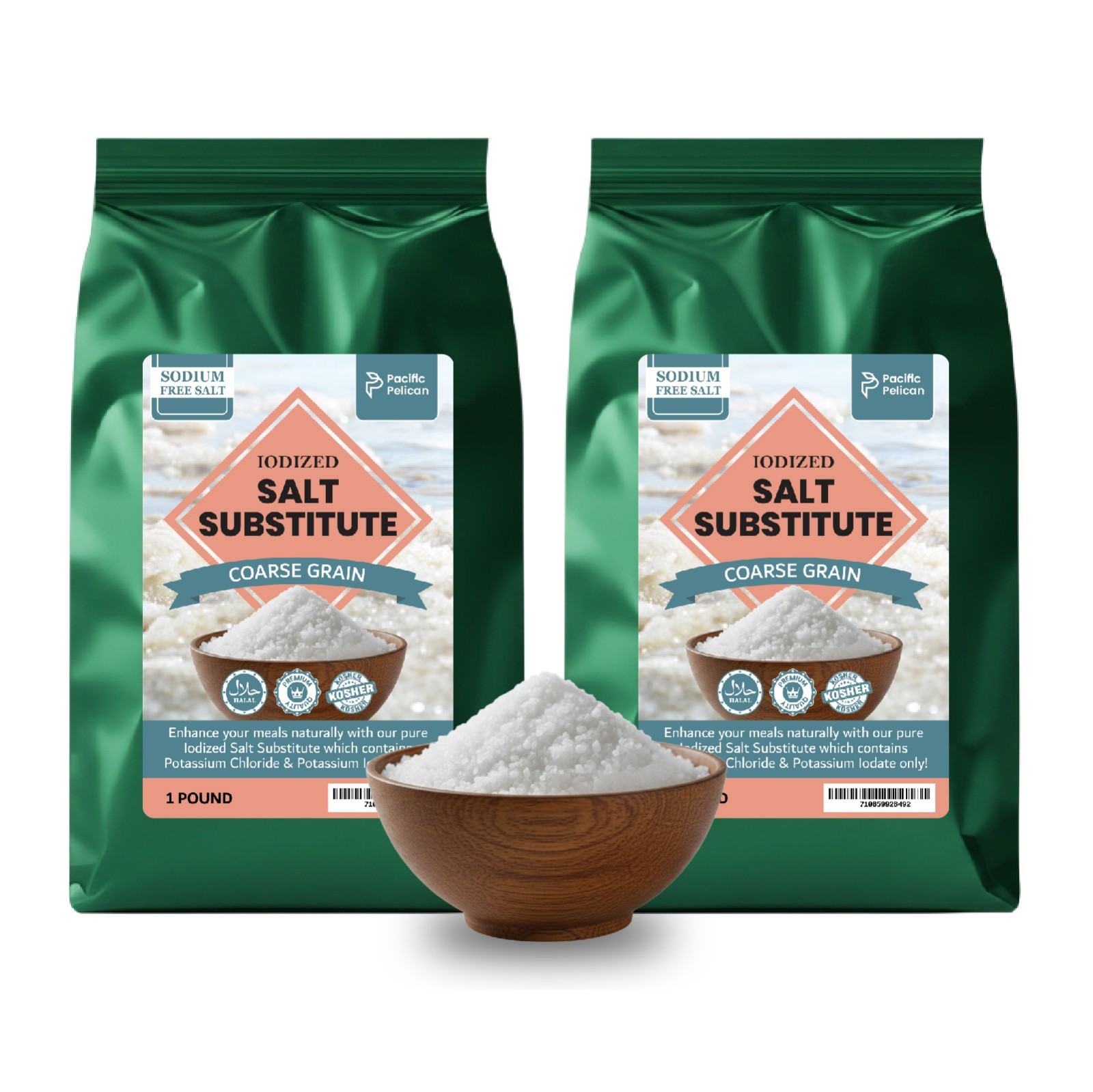 Iodized Salt Substitute, Sodium Free Salt, Coarse Grain, 1 Pound, Pack of 2