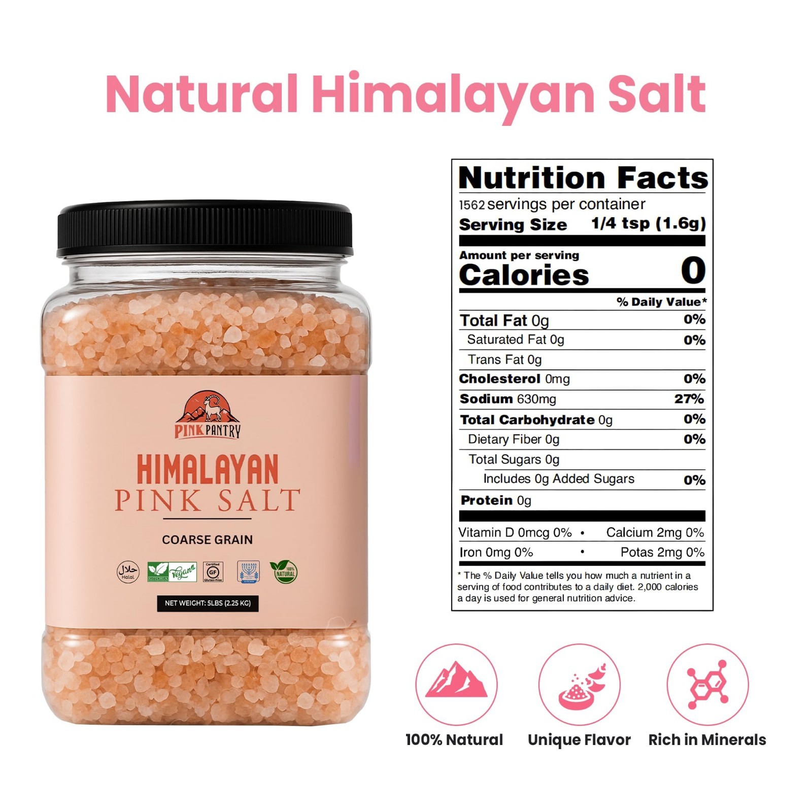 Coarse Himalayan Pink Salt – 100% Pure, Non-GMO, Kosher, Organic, 5lb Jar