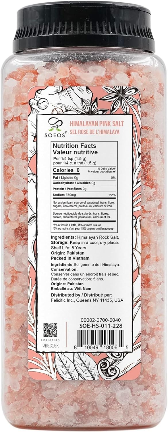 Soeos Himalayan Pink Salt 39oz (1.1kg), Kosher, Course Grain, Gourmet Pure Cryst