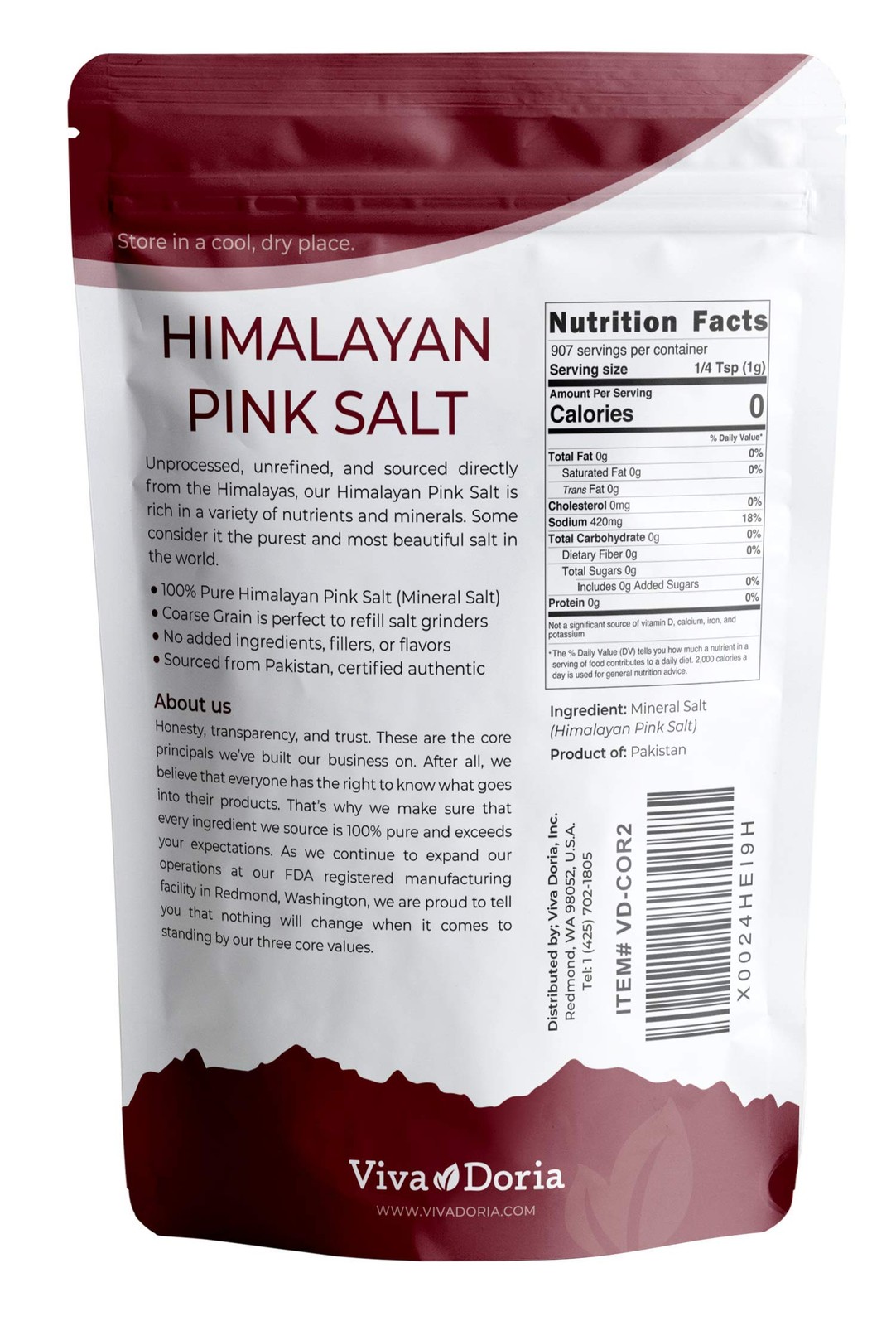 Viva Doria Himalayan Pink Salt, Coarse Grain, Certified 32 Ounce (Pack of 1)