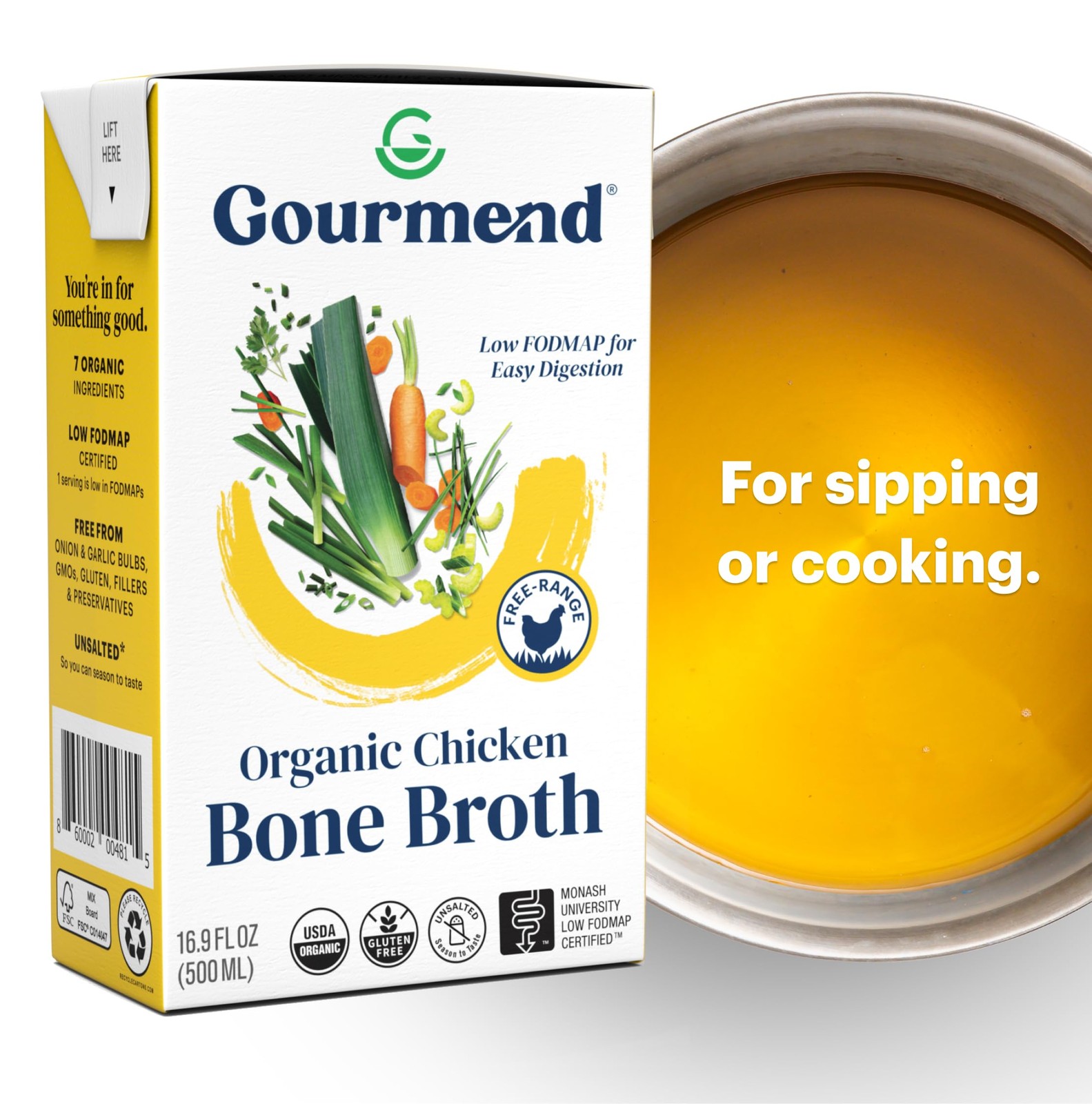 Organic Unsalted 16.9oz Chicken Bone Broth 3 Pack – 7 Ingredients, Low FODMAP…
