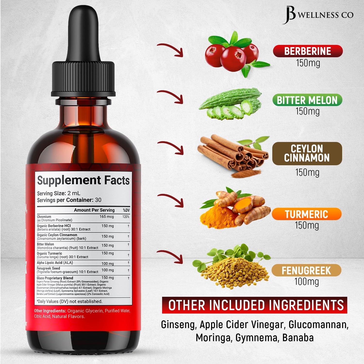 Berberine with Ceylon Cinnamon Supplement Liquid Drops + 2 Fl Oz (Pack of 1)