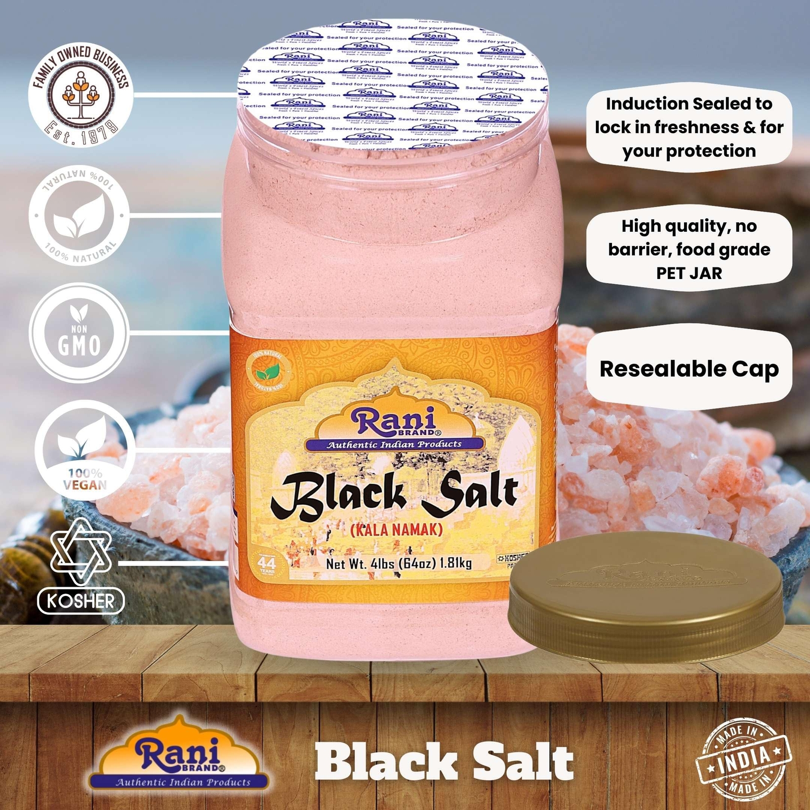 Rani Black Salt Powder (Kala Namak) Mineral 64oz (4lbs) 1.81kg Bulk PET Jar