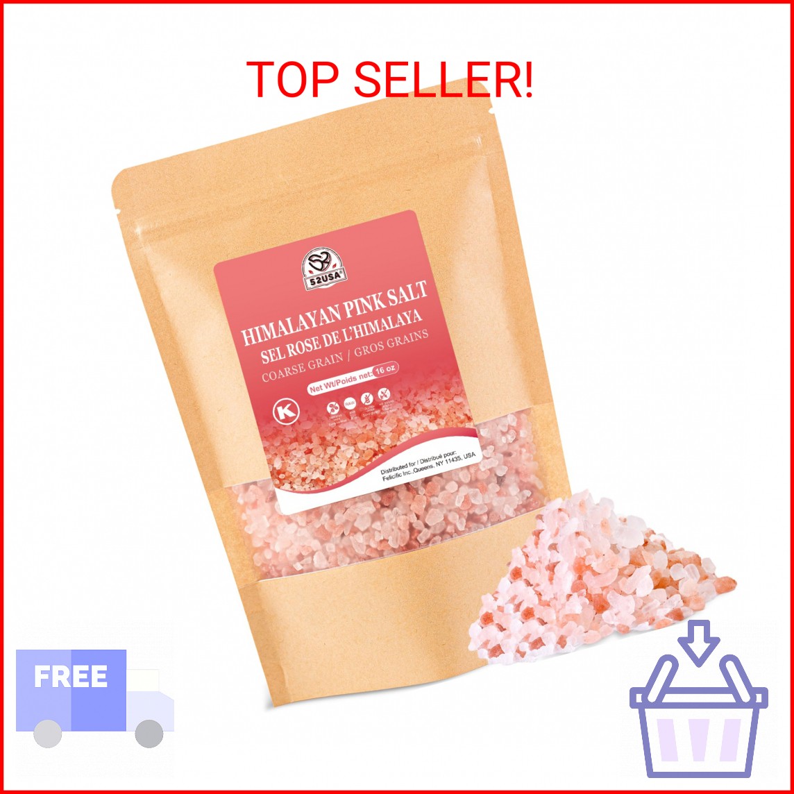 52USA Himalayan Pink Salt Coarse, Coarse Grain 1 lb, Pink Himalayans Sea Salt, S