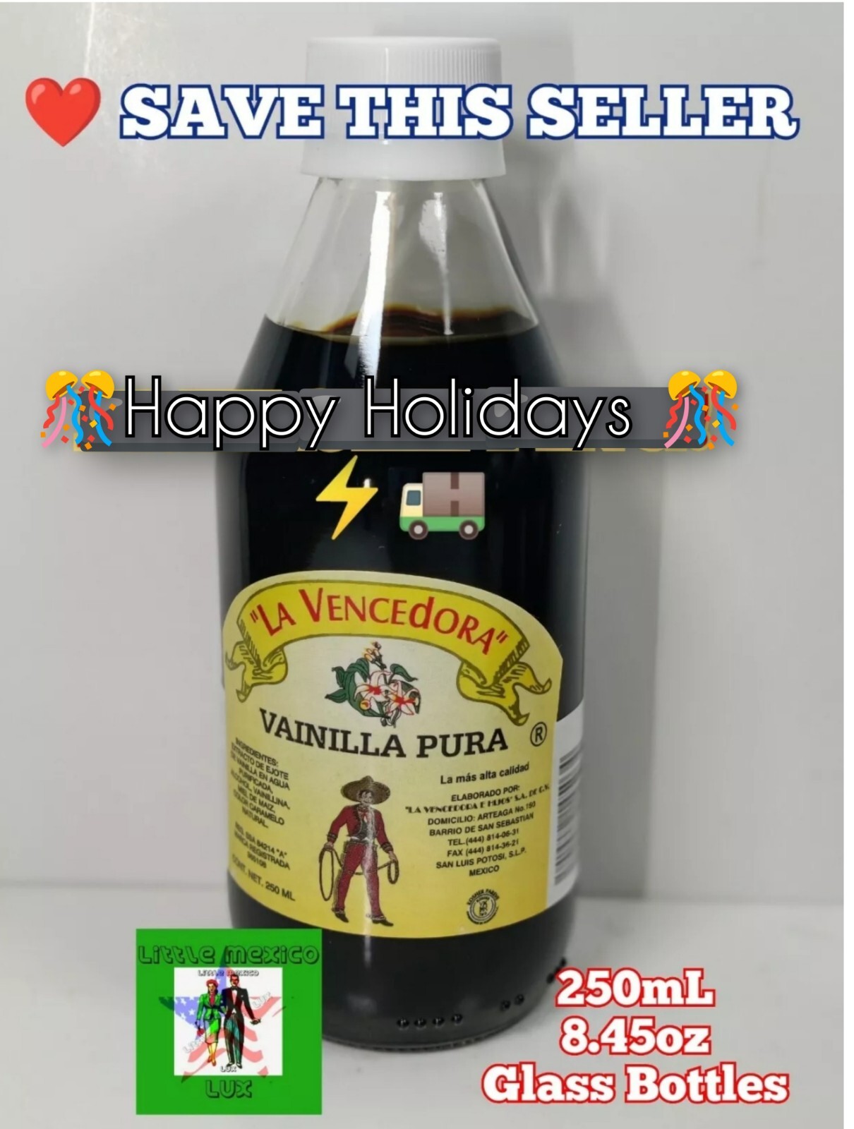 (One) 1 La Vencedora Pure Mexican Vanilla Extract Glass 8.45oz/250mL Glass⚡🚚