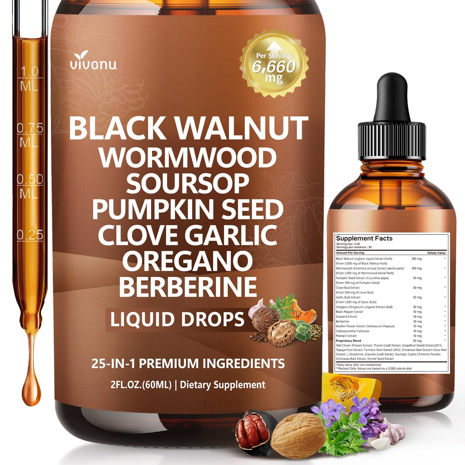 25-in-1 Liposomal Black Walnut Wormwood Clove Tincture, 2 Fl Oz (Pack of 1)