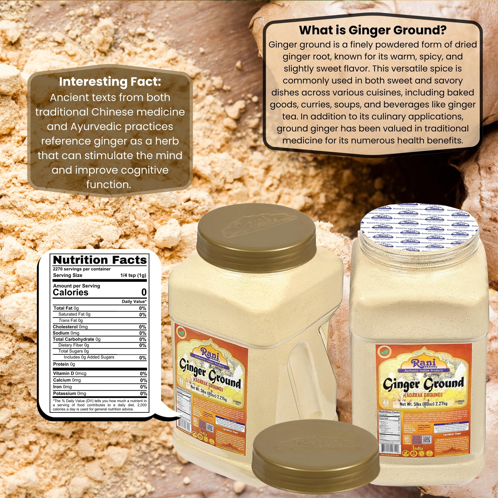 Rani Ginger (Adarak) Powder Ground, Spice 80oz (5lbs) 2.27kg Bulk PET Jar
