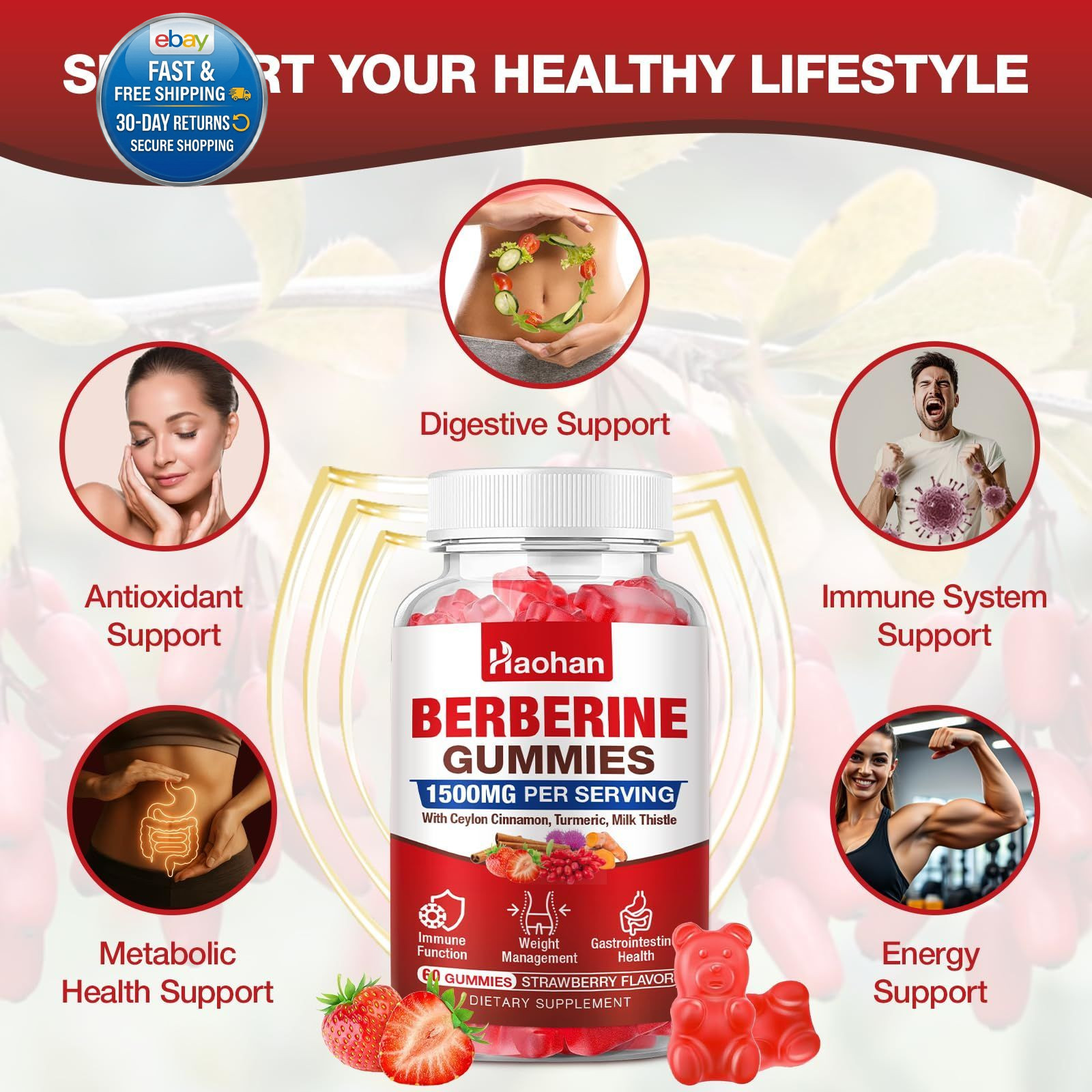 Berberine Gummies, 1500mg High Potency HCl, Ceylon…