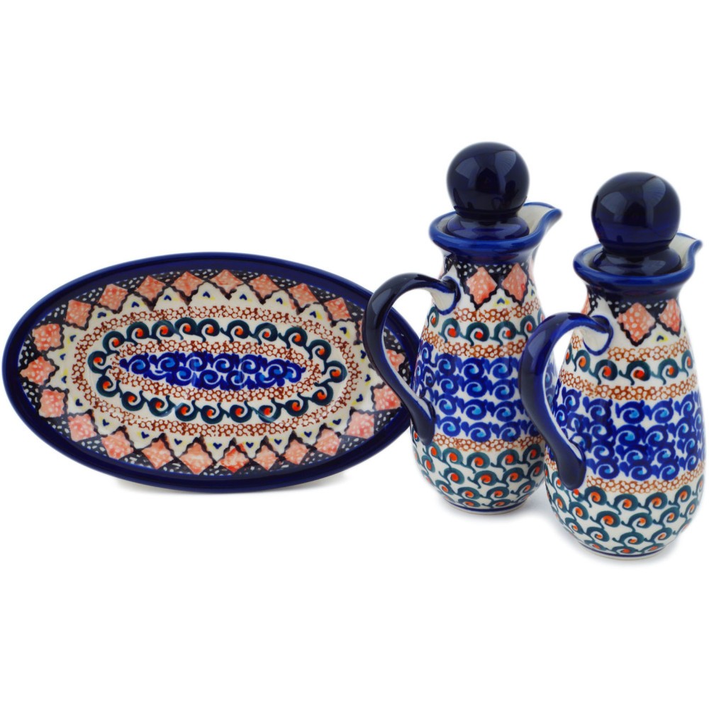 Polish Pottery Seasoning Set 7-inch Coral Diamonds UNIKAT Handmade Poland