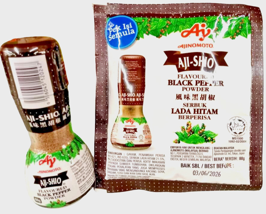AJI-SHIO ( Ajinomoto ) Flavoured BLACK PEPPER POWDER ( 1 bottle + 4 packs )